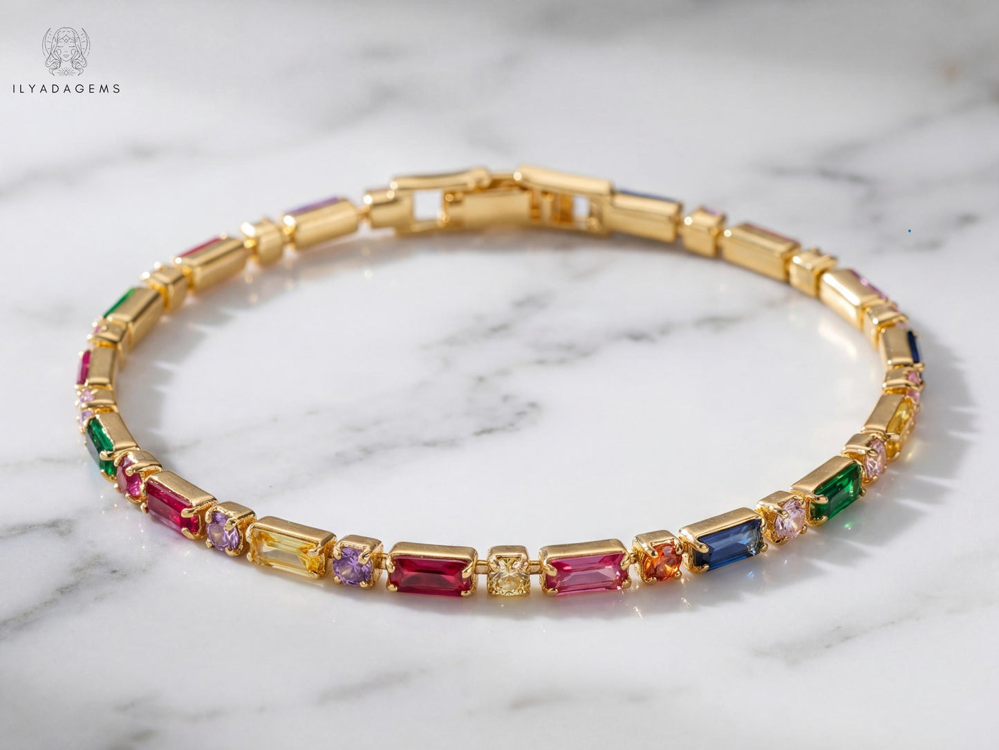Rainbow Sapphire Baguette Tennis Bracelet