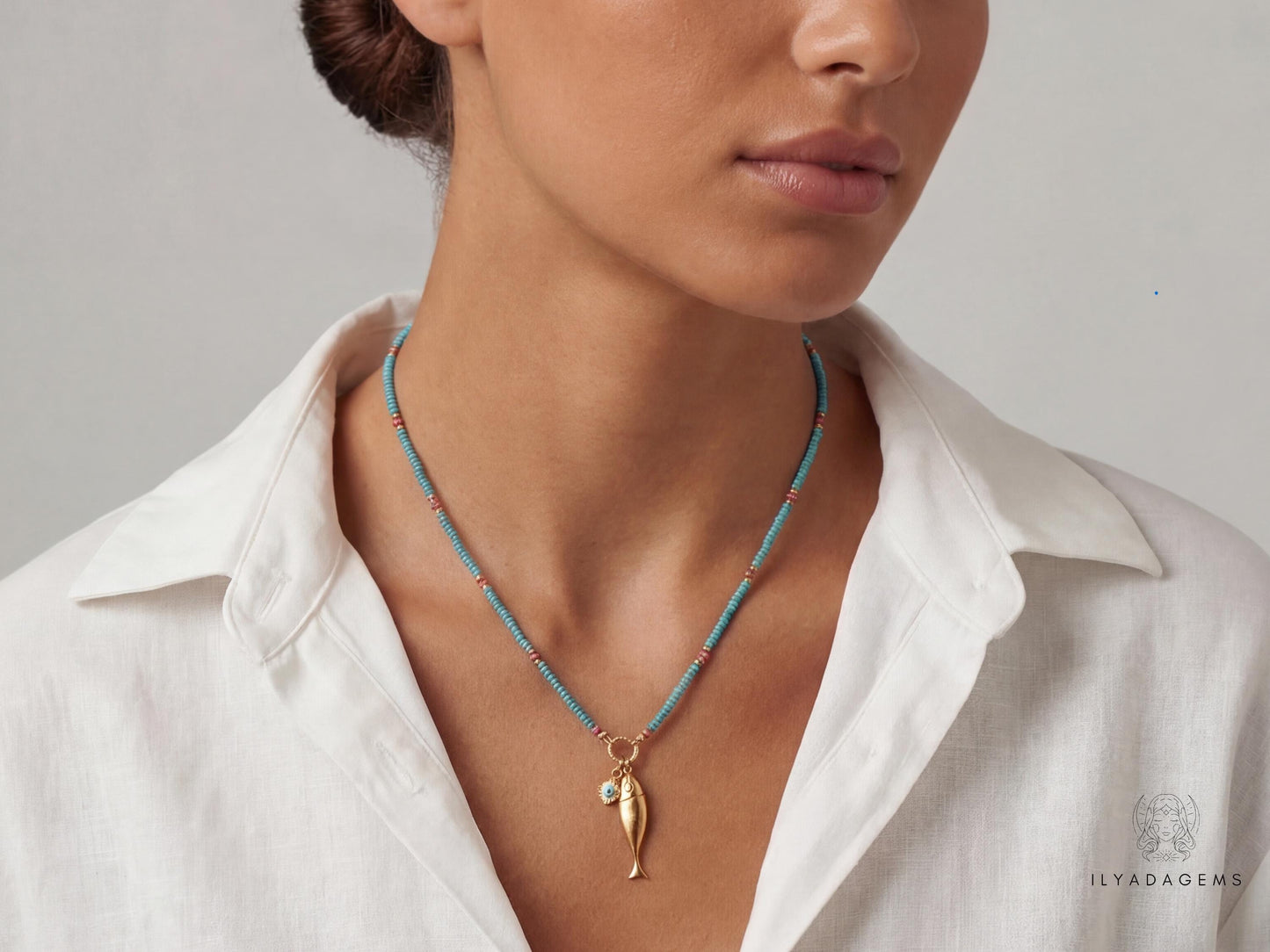 Turquoise Beaded Fish Necklace Pendant