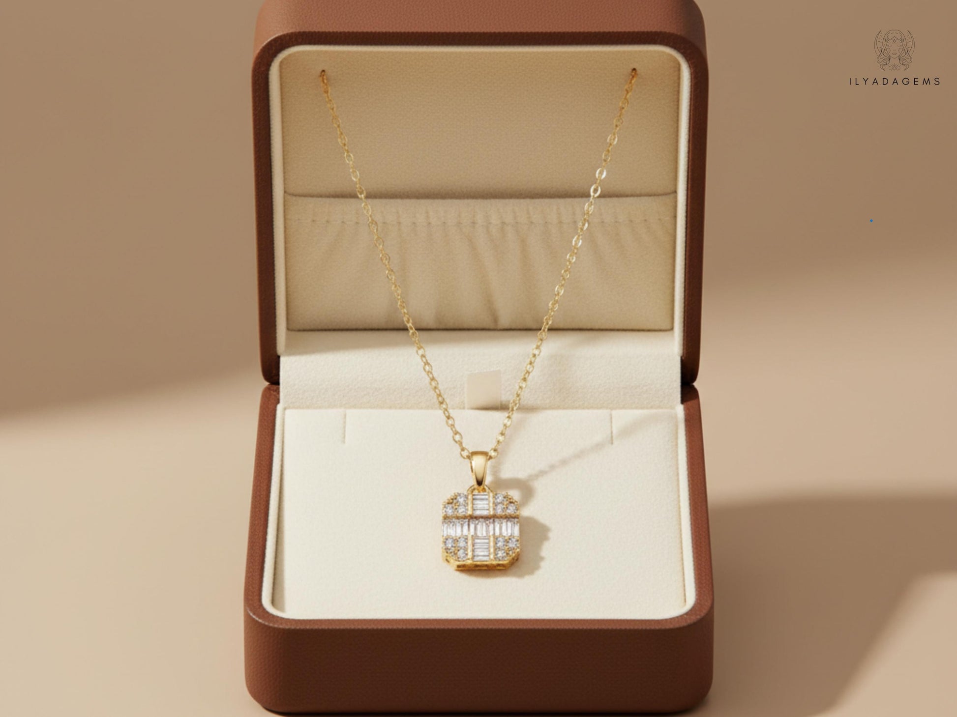 Art Deco Diamond Baguette Mosaic Pendant Necklace