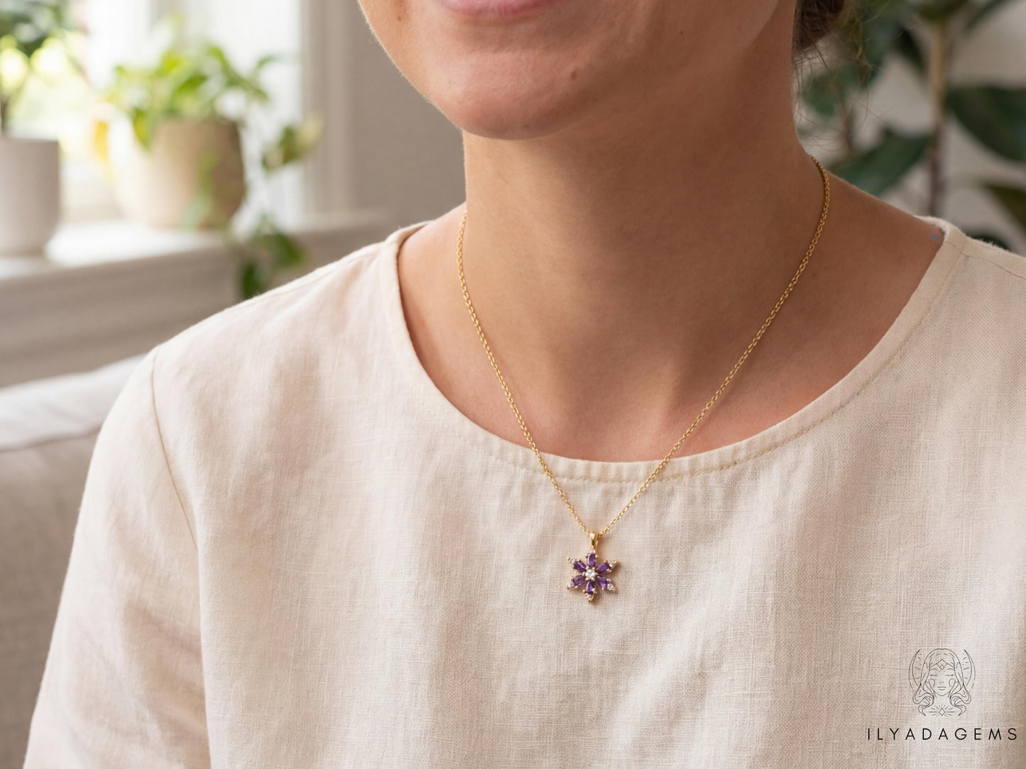 Sterling Silver Amethyst Flower Pendant Necklace