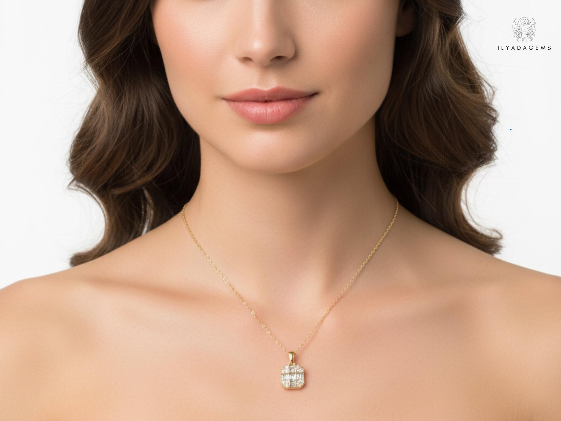 Art Deco Diamond Baguette Mosaic Pendant Necklace