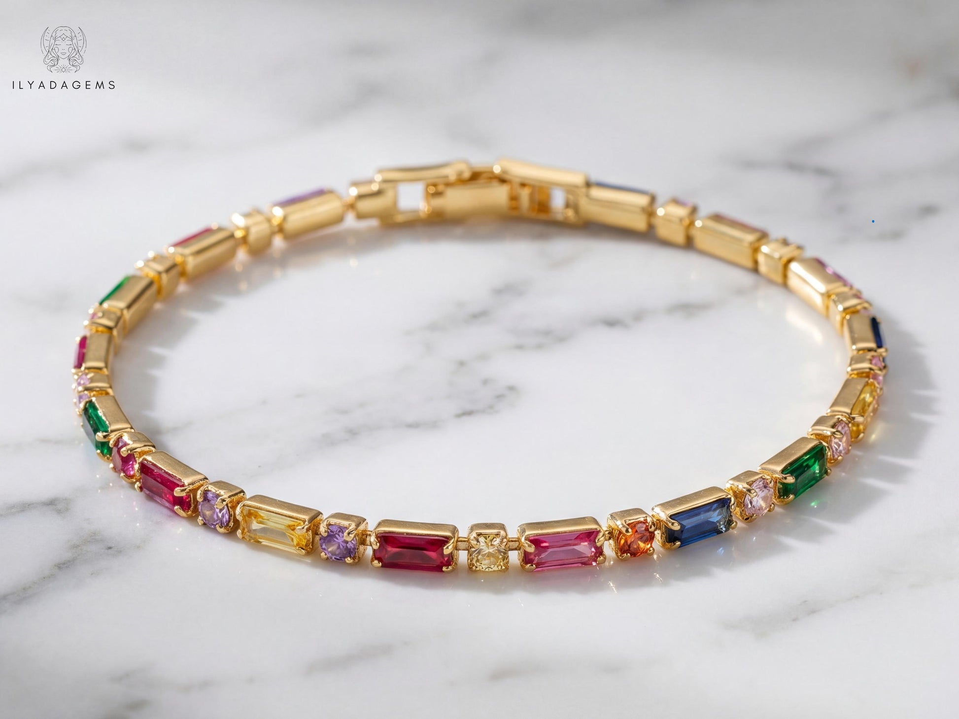 Rainbow Sapphire Baguette Tennis Bracelet