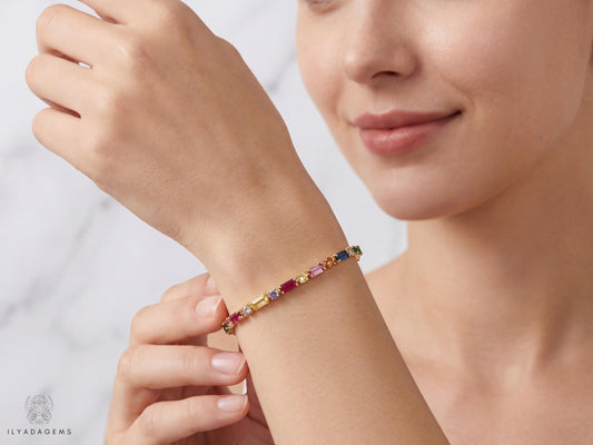 Rainbow Sapphire Baguette Tennis Bracelet