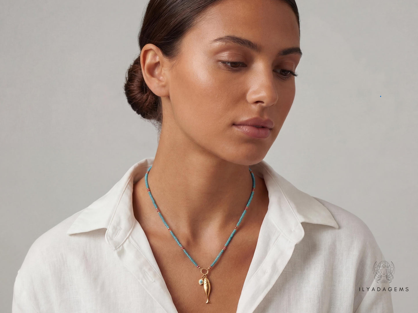 Turquoise Beaded Fish Necklace Pendant