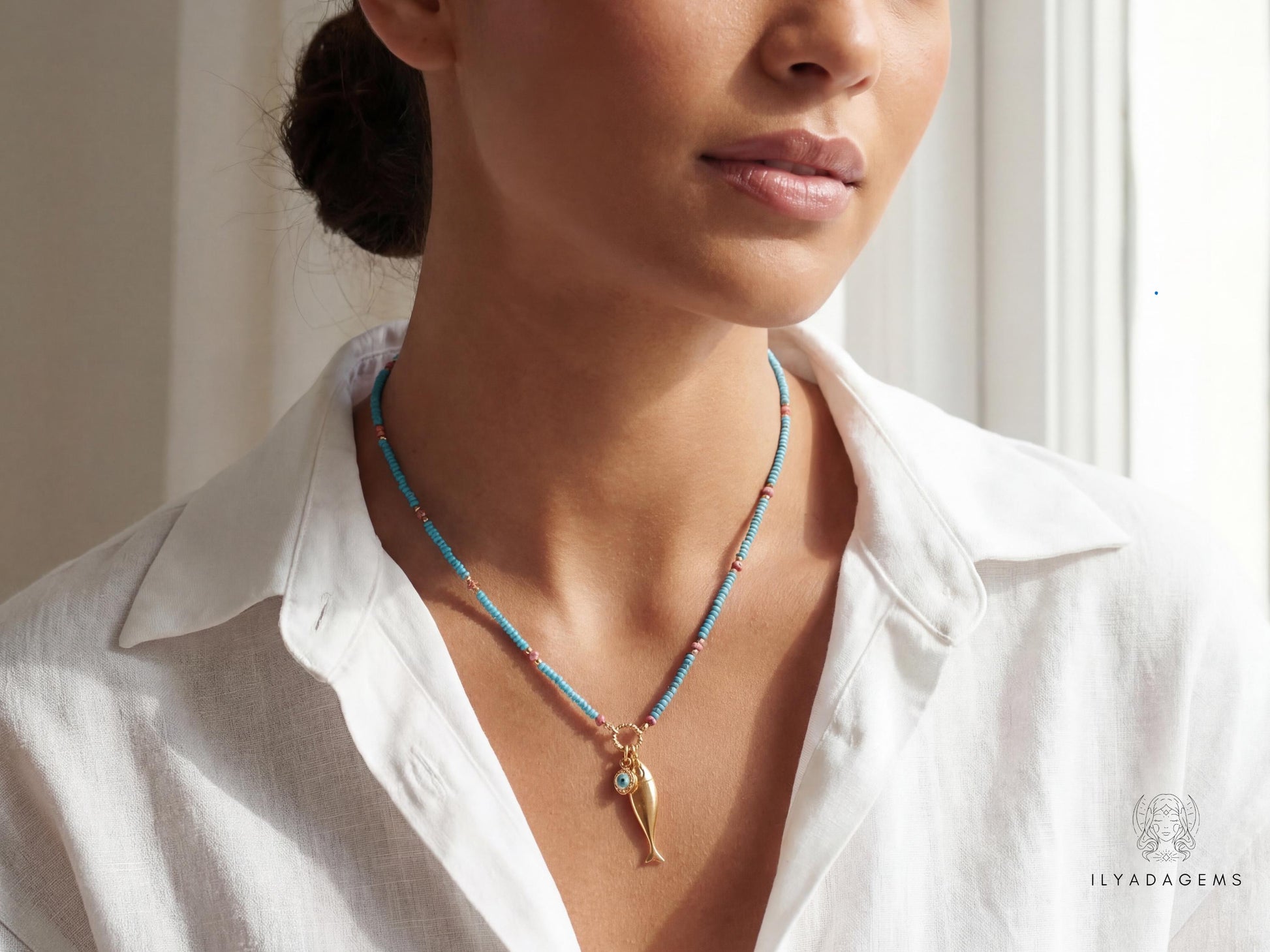 Turquoise Beaded Fish Necklace Pendant