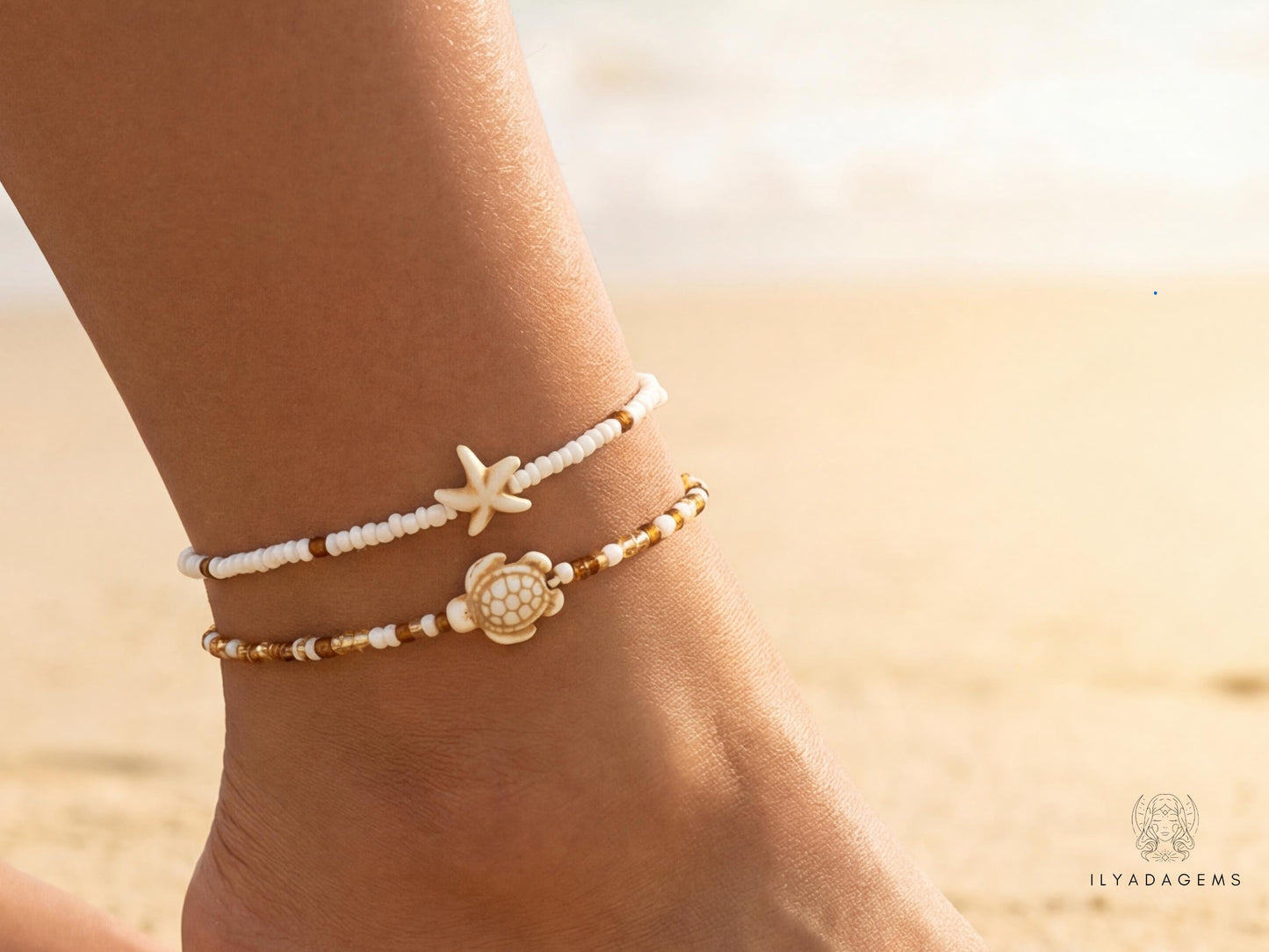 Sea Turtle & Starfish Seed Beaded Anklet