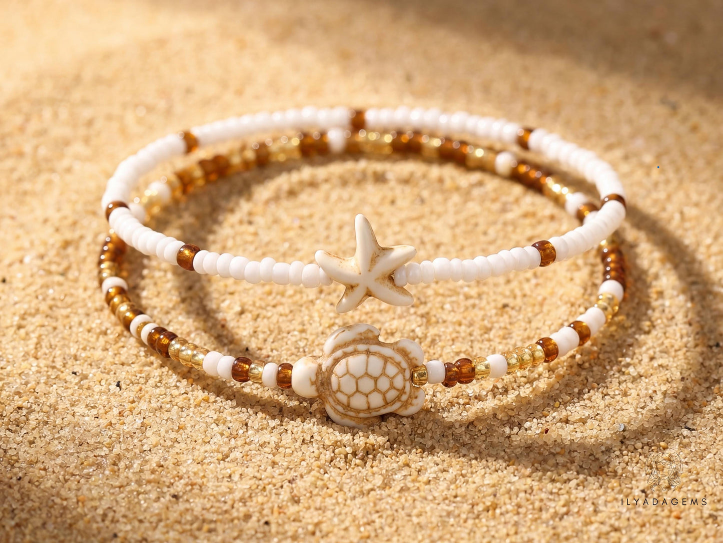 Sea Turtle & Starfish Seed Beaded Anklet