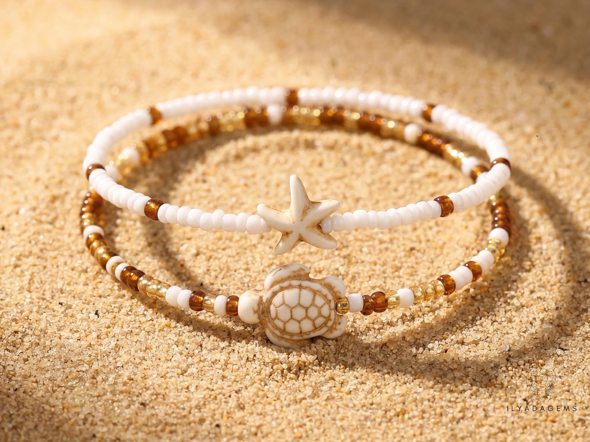 Sea Turtle & Starfish Seed Beaded Anklet