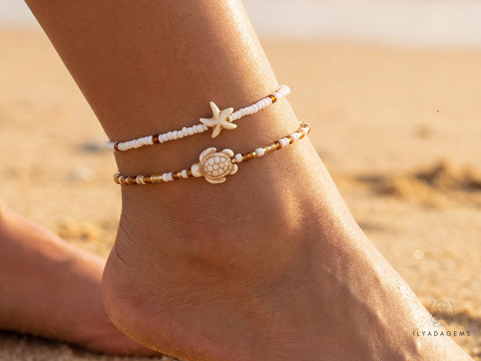 Sea Turtle & Starfish Seed Beaded Anklet