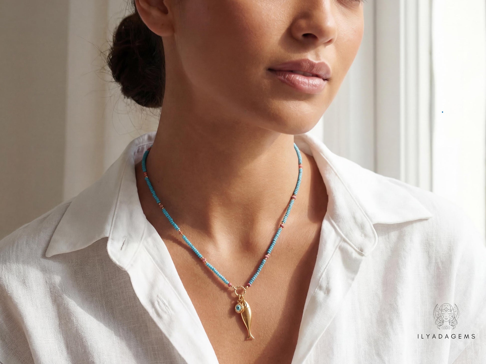 Turquoise Beaded Fish Necklace Pendant