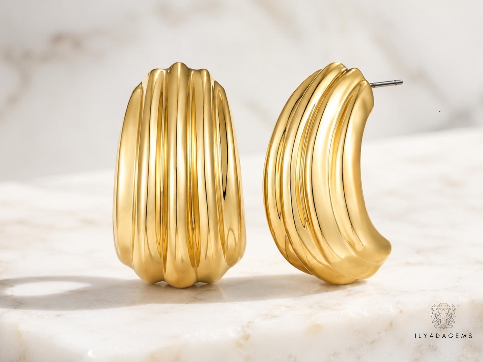 Gold Ribbed Hoop Earrings